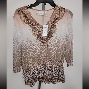 NWT Chico's Beige and Brown Leopard Print Sequined Sheer V Neck  Blouse Size 0